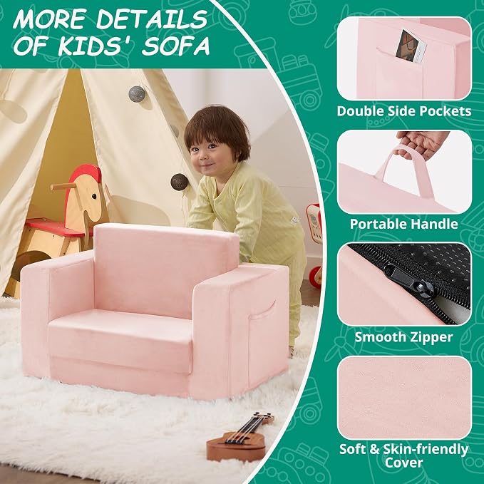 Kids Couch, 2-in-1 Toddler Chair Comfy 1-3 Years, Convertible Kids Chair - Image 4