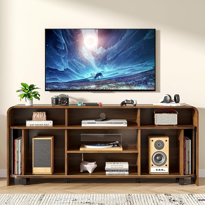 Walnut TV Stand for 65 70 75 Inch TV, Fluted Mid Century Modern TV Console - Image 3