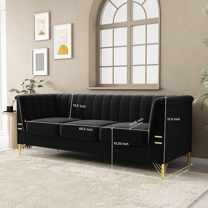 83.46" W Black Velvet Sofa Couch - Image 5