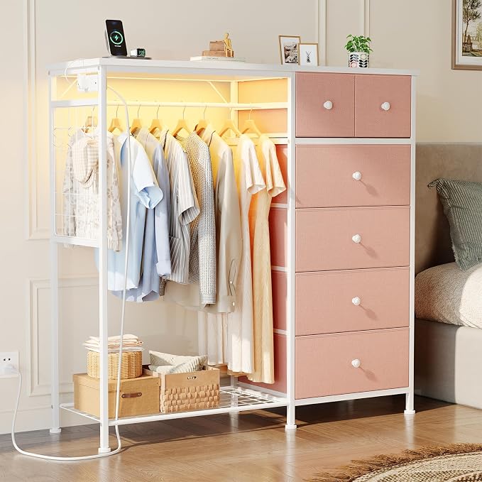 DUMOS Dresser for Bedroom with Hanging Rack, 6 Drawer Fabric Dresser with - Image 2