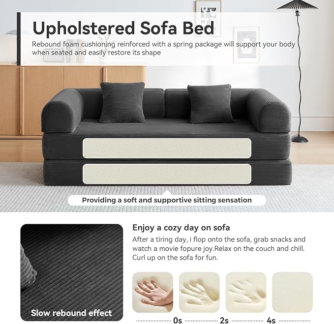Convertible Sleeper Bed with 2 Cylindrical Pillow, Comfy Foldable Bed - Image 5