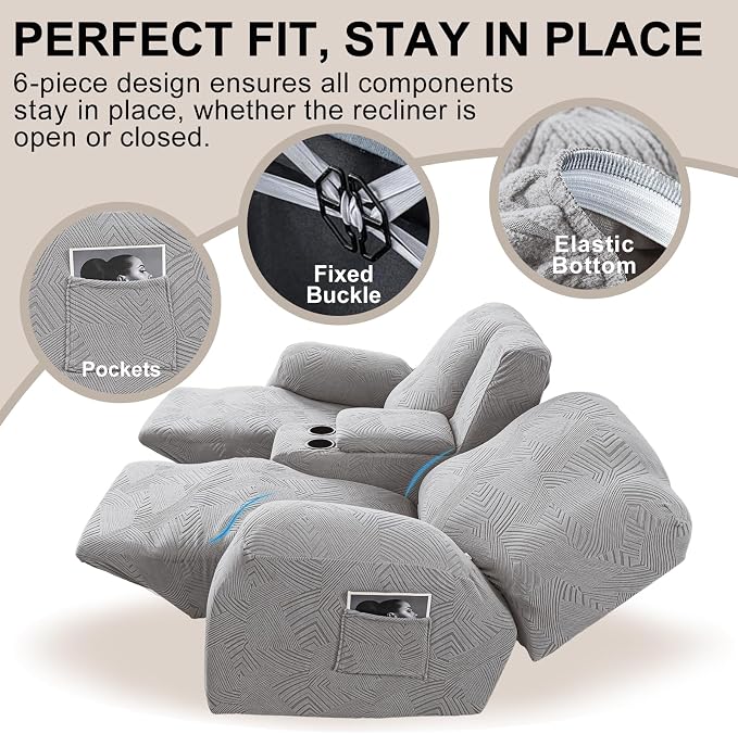 Recliner Loveseat Covers with Console, Stretch Geometric Strokes Jacquard - Image 4