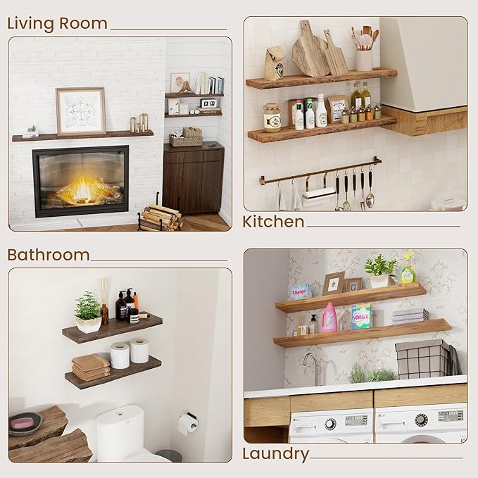 FLYJOE Floating Shelves for Wall Decor, Rustic Solid Elm Wood Live Edge - Image 7