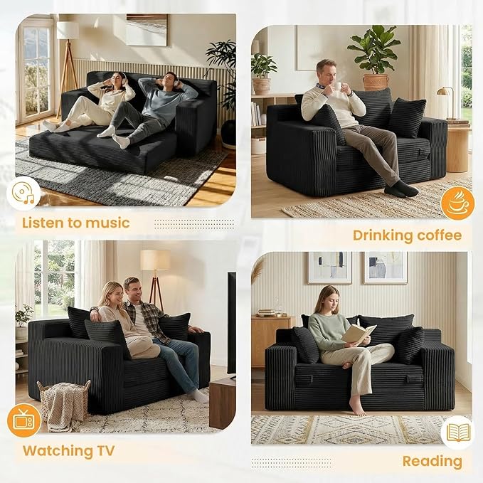 55" Small Boneless Couch, 3-in-1 Boneless Loveseat Sleeper Sofa Bed Convertible - Image 5