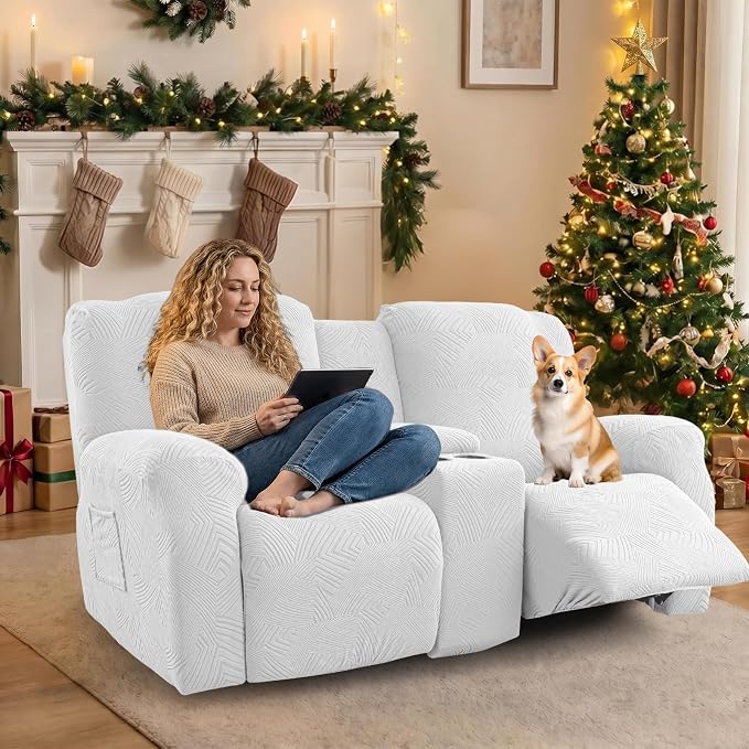 Recliner Loveseat Covers, 4-Piece Stretch Geometric Strokes Jacquard Reclining - Image 5