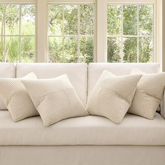 MIULEE Beige Throw Pillow Covers 18x18 Inch Set of 4 Boho Patchwork Cushion - Image 2