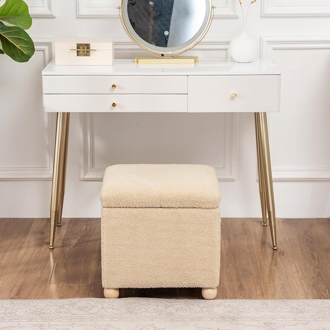 Adeco 17.3" Modern Oatmeal Teddy Velvet Storage Ottoman, Upholstered Cube Foot - Image 5
