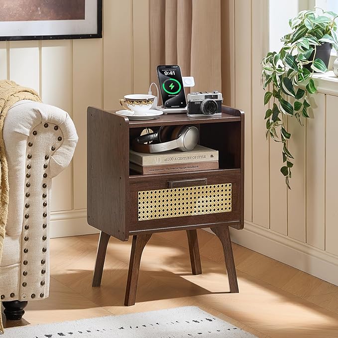 Lerliuo Rattan Nightstand with Charging Station, Walnut Bedside Table with - Image 6
