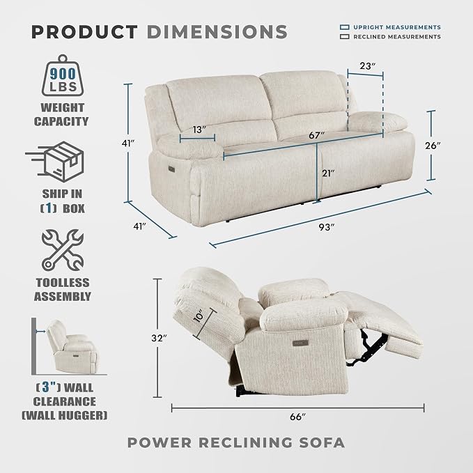 Lexicon Power Double Reclining Sofa, Textured Microfiber Wall Hugger Recliner - Image 2