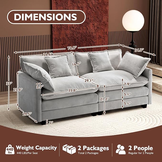 Ihanherry Cloud Sofa 77 Inch Loveseat, Modern Sectional Couch, 2-Seats Sofa - Image 2