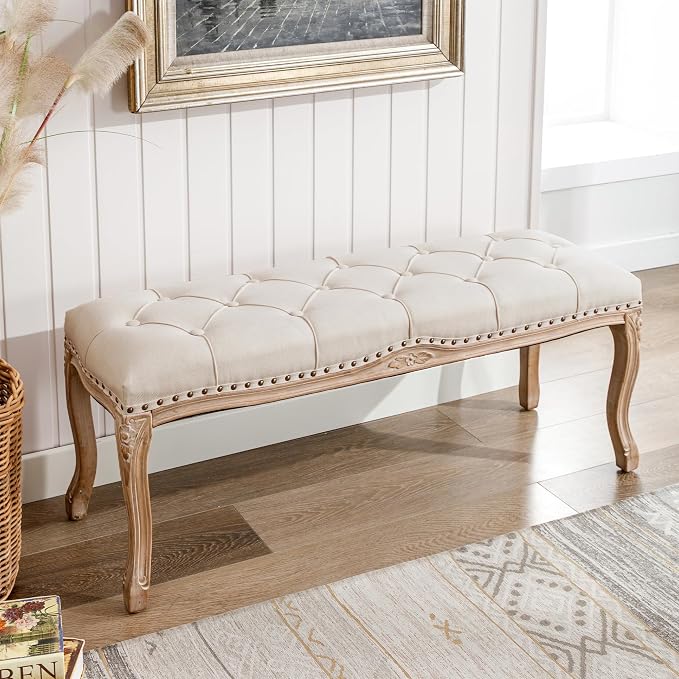 Cozyman Bedroom Bench, French Vintage Tufted Entryway Bench, 45.2" Carving - Image 2