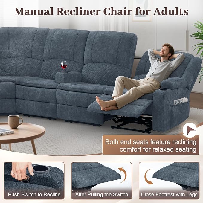 Yolsali Manual Reclining Sectional Sofa Set, 7 Seats Soft Fabric Recliner - Image 6