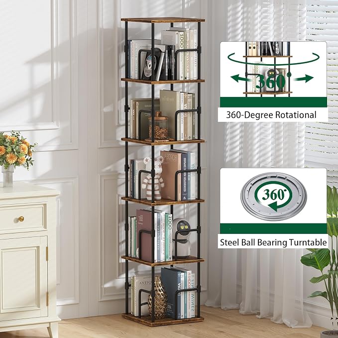 5-Tier Rotating Bookshelf, Freestanding Corner Bookshelf, 360° Spinning - Image 4