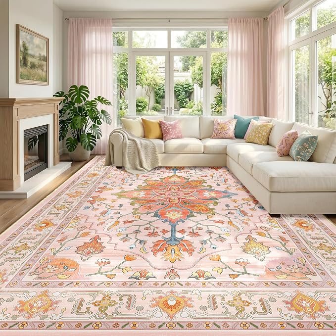 RELEANY Area Rugs 10'x12' Washable Non-Slip, Floral Vintage Distress Print by RELEANY