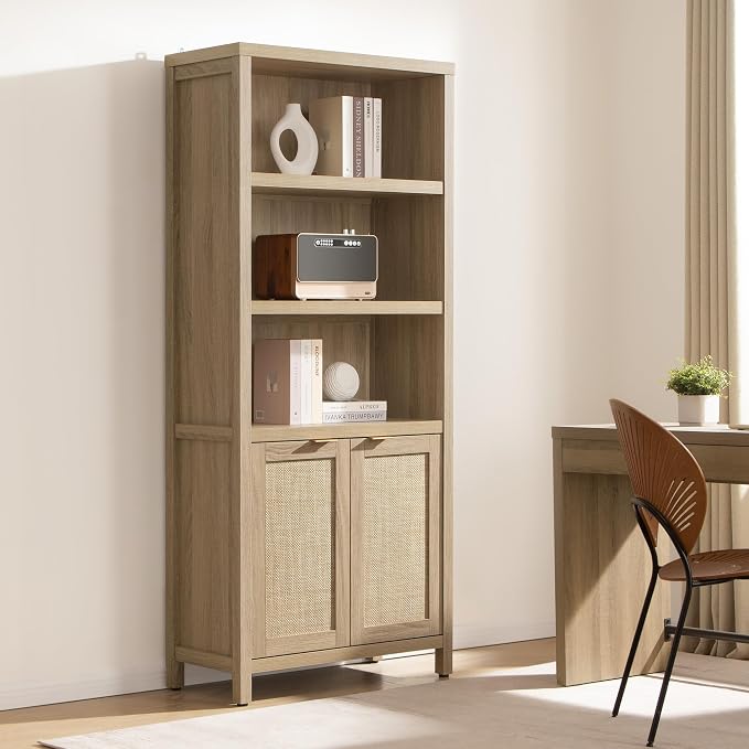 SICOTAS Bookcase 71" Tall Bookshelf 5 Tier Rattan Boho Bookcase - Image 8