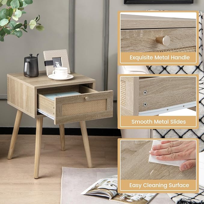 Giantex Boho Rattan Nightstand, Mid Century Wood Night Stands - Image 4
