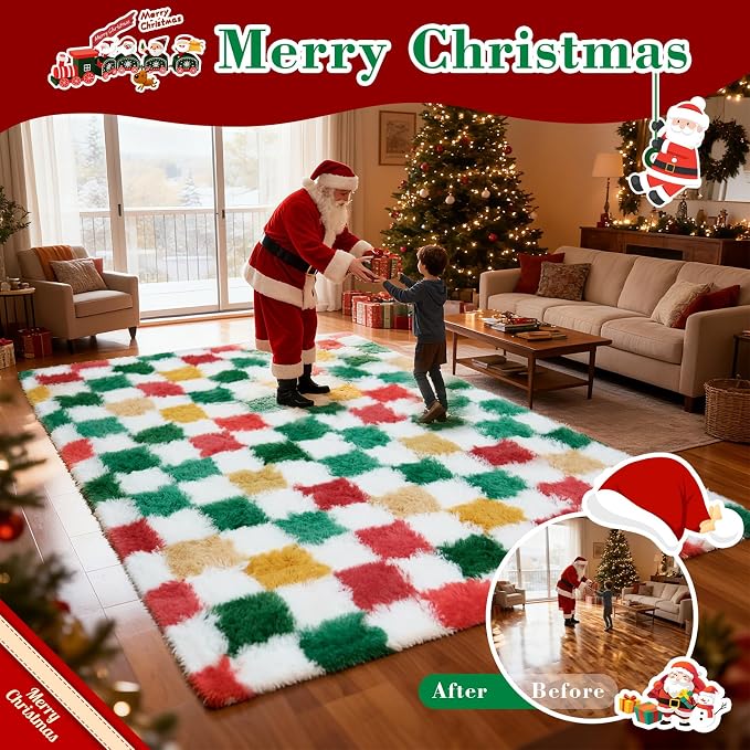 Christmas Area Rug 6x9 for Bedroom Living Room, Checkered Shag Rug Fuzzy Shaggy - Image 3