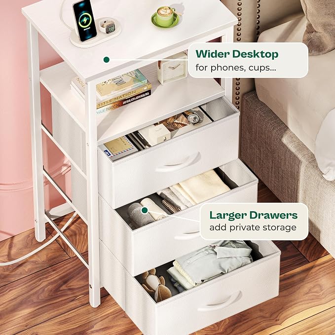 Huuger Night Stand with Charger Station and LED Lights, 3 Drawer Nightstand - Image 7