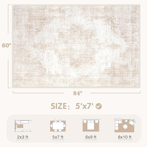 Area Rug 5x7 Vintage Rugs: Washable Living Room Rug Retro Medallion Distressed - Image 2