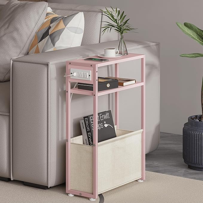 Leomonio Pink Side Table with Charging Station, Slim End Tables with Linen by Leomonio