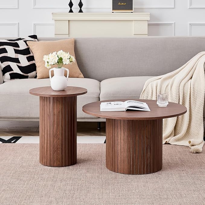 Round Nesting Coffee Table Set of 2 Mid Century Modern Wood Round Coffee Tables - Image 7