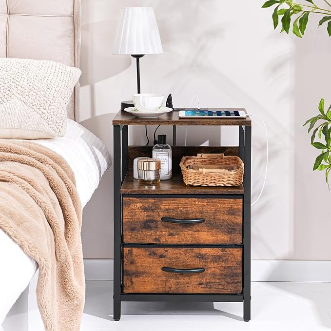 Yoobure Nightstand with Charging Station, Small Night Stand with Fabric Drawers - Image 8