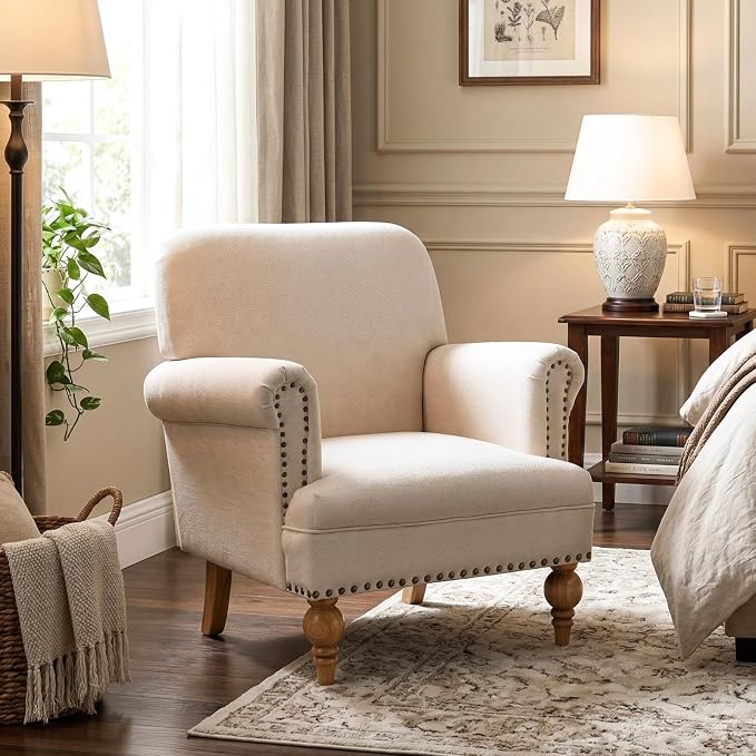 Beige Linen Fabric Accent Chair, Modern Farmhouse Upholstered Armchair - Image 6
