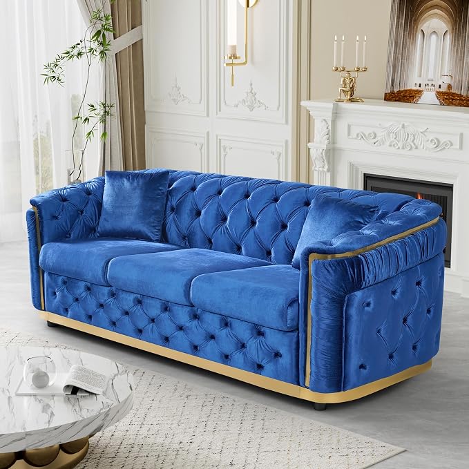 DAMAIFROM Velvet Couch Blue and Gold Sofa Luxury Loveseat 84.6" Mid Century by DAMAIFROMFURNITURE