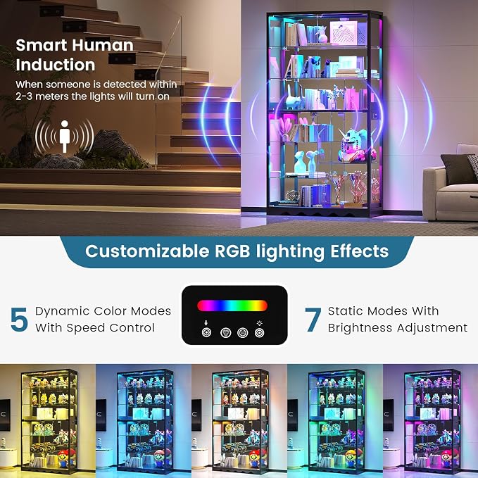 Large Display Cabinet with Glass Doors, 8-Tier RGB Curio Cabinet with Smart - Image 3