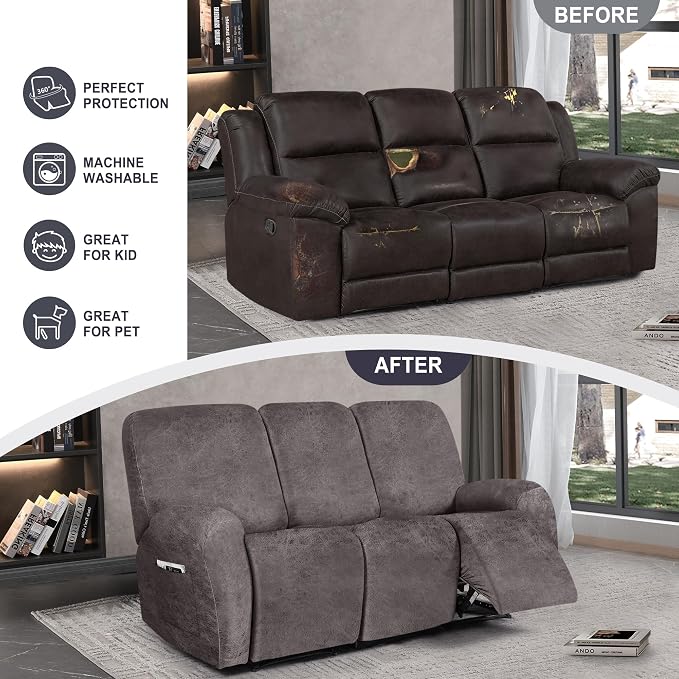 ANARACHON Leather Look Recliner Couch Cover, 8-Pieces Stretch Recliner Sofa - Image 6
