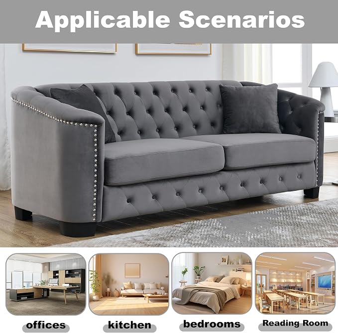 2 Piece Modern Chesterfield Velvet 77" 3-Seater+59" Loveseat Sofa Set, - Image 6