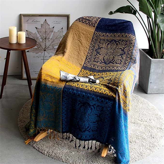 Bohemian Throw Blanket for Couch，Colorful Chenille Tassels Boho Woven Hippie - Image 8
