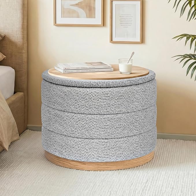Round Storage Ottoman with Tray Lid, Folding Chenille Fabric Footrest with - Image 2