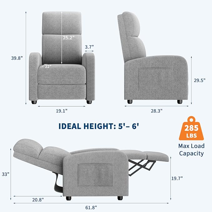 GarveeHome Linen Fabric Manual Recliner Chair, - Image 3
