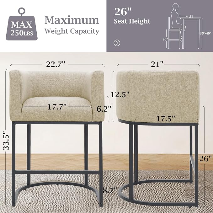 ClinQ 26" H Counter Height Bar Stools Set of 1, Modern Barrel Counter Stools - Image 2