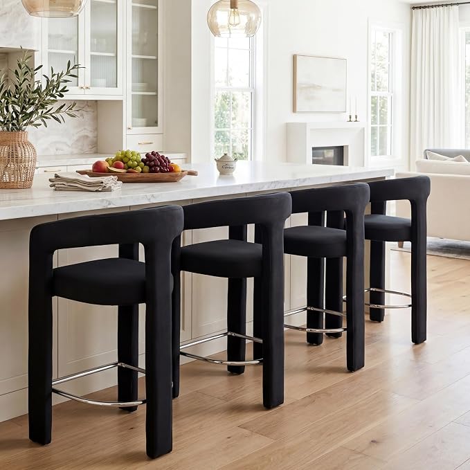 HNY 26 Inch Modern Tall Barrel Bar Stools Set of 4, Velvet Upholstered Barstools by HNY