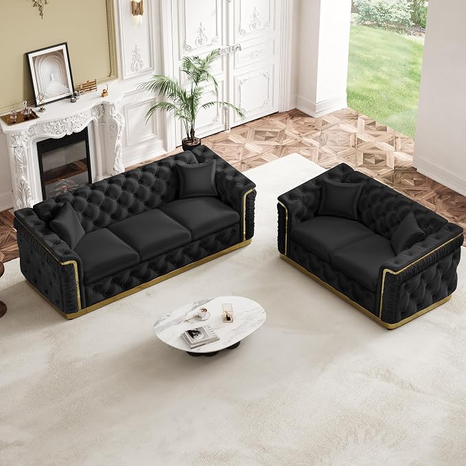 2 Piece Velvet Chesterfield Sofa Luxury Tufted Sofa Black and Gold Couch Set by Nolohoo