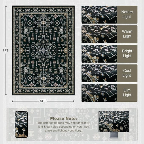 5x7 Area Rugs Living Room Rug: Washable Vintage Boho Medallion Rug No Slip - Image 2