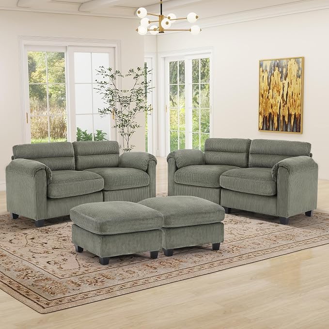 HAOMARKETS Corduroy 4-Piece Sofa Set, Upholstered Ottoman Set of 2 and 2 by HAOMARKETS