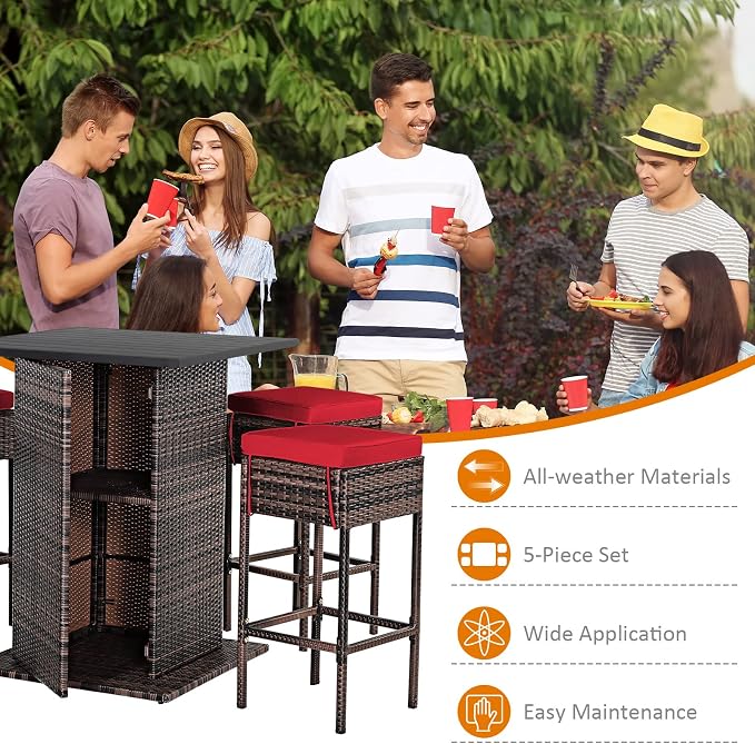 Tangkula 5 Piece Outdoor Rattan Bar Set, Patio Bar Furniture - Image 8