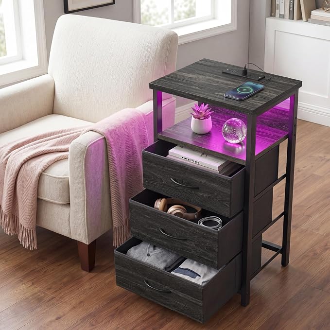 Fixwal Night Stand with Charging Station, LED Nightstand with Fabric Drawers - Image 6