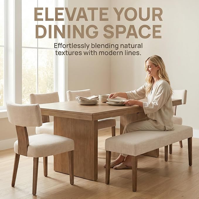 HNY Mid Century Modern Dining Chairs, Linen Fabric Upholstered and Curved - Image 6
