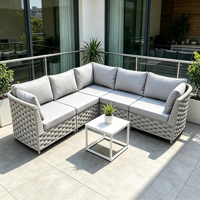 TWT Khaki Gray 5-Piece Modular Outdoor Sofa, 5-Seater Free Combination - Image 4