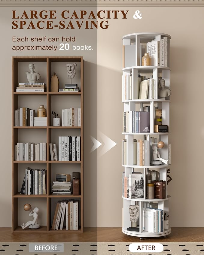 6-Tier Solid Wood Rotating Bookshelf on Wheels, 360° Spinning Book Shelf Tower - Image 3