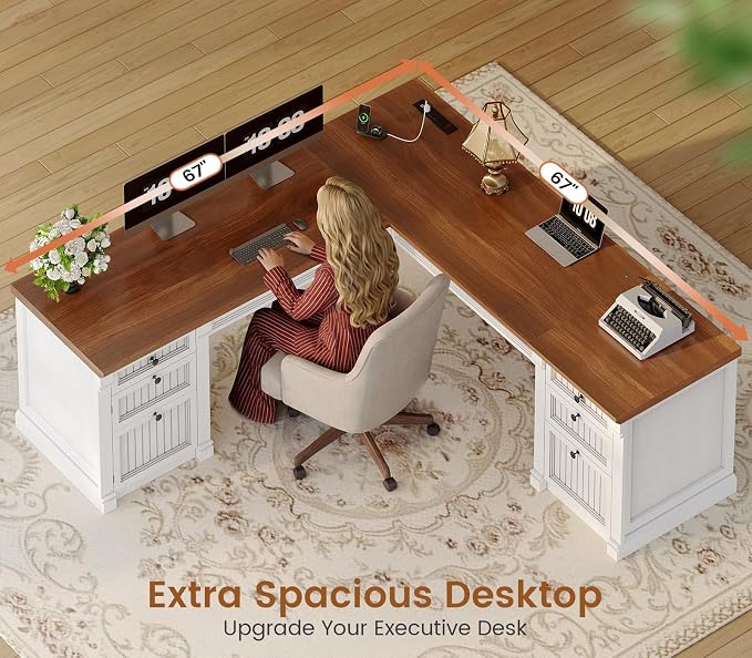 SEDETA L Shaped Desk with 4 Drawers, Corner Computer Desk with Power Strip - Image 4