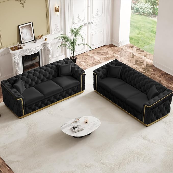 Luxury Chesterfield Sofa Set of 2, Velvet Tufted Couch Victorian Black and Gold by Nolohoo