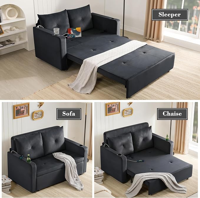 Krcix 3 in 1 Pull Out Couch, 56 Inch Velvet Sofa Bed, Convertible Sleeper Sofa - Image 3