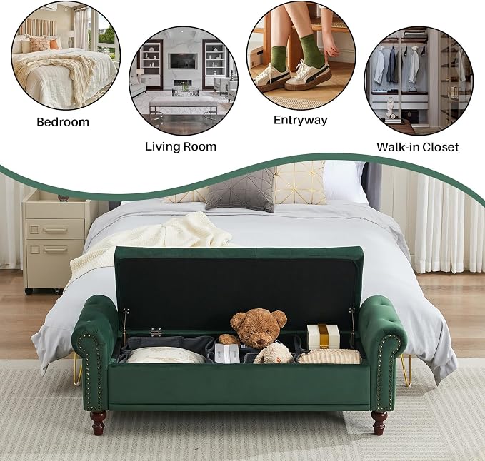 SOFTHION 58.1" Storage Bench Upholstered Velvet End of Bedroom Bed Bench Ottoman - Image 6