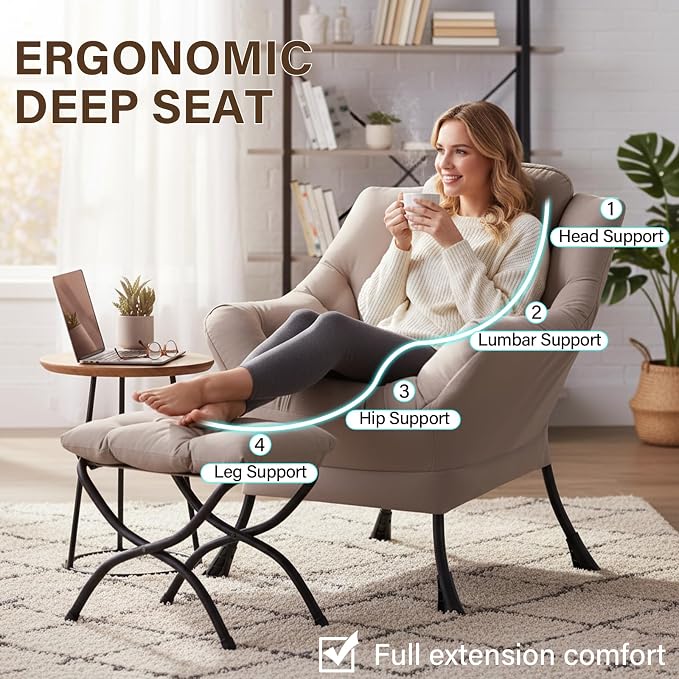 Welnow Lazy Chair with Ottoman, Modern Reading Accent Chair with Armrests and a - Image 7