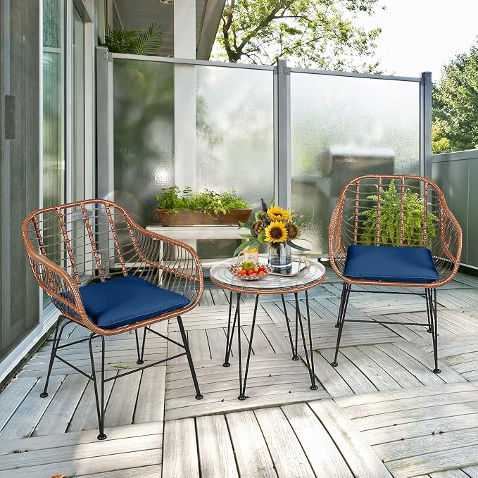 Tangkula 3 Pieces Patio Conversation Bistro Set, Outdoor Wicker Furniture - Image 2